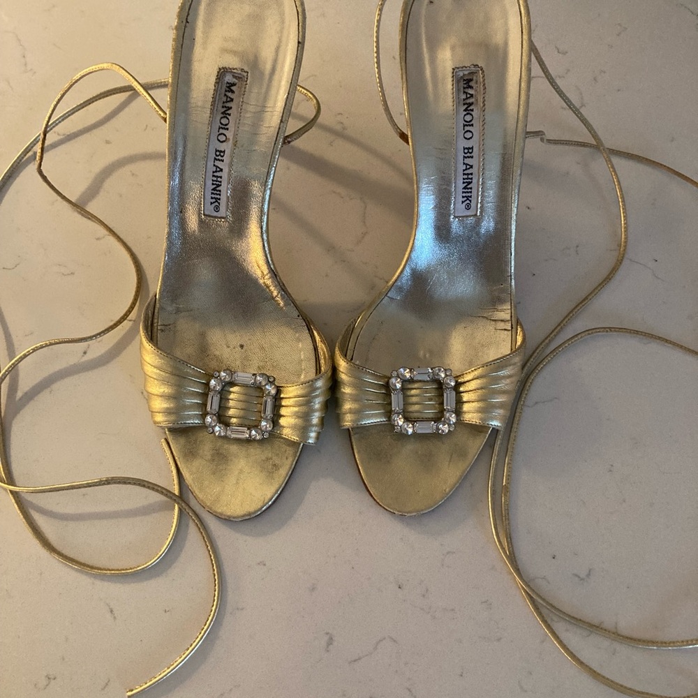 Manolo Blahnik Gold Wrap Heels with signature jeweled detail